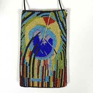Bamboo Trading Company Club Beaded Feather Cross Body Hand Bag 7.5" x‎ 4.5"